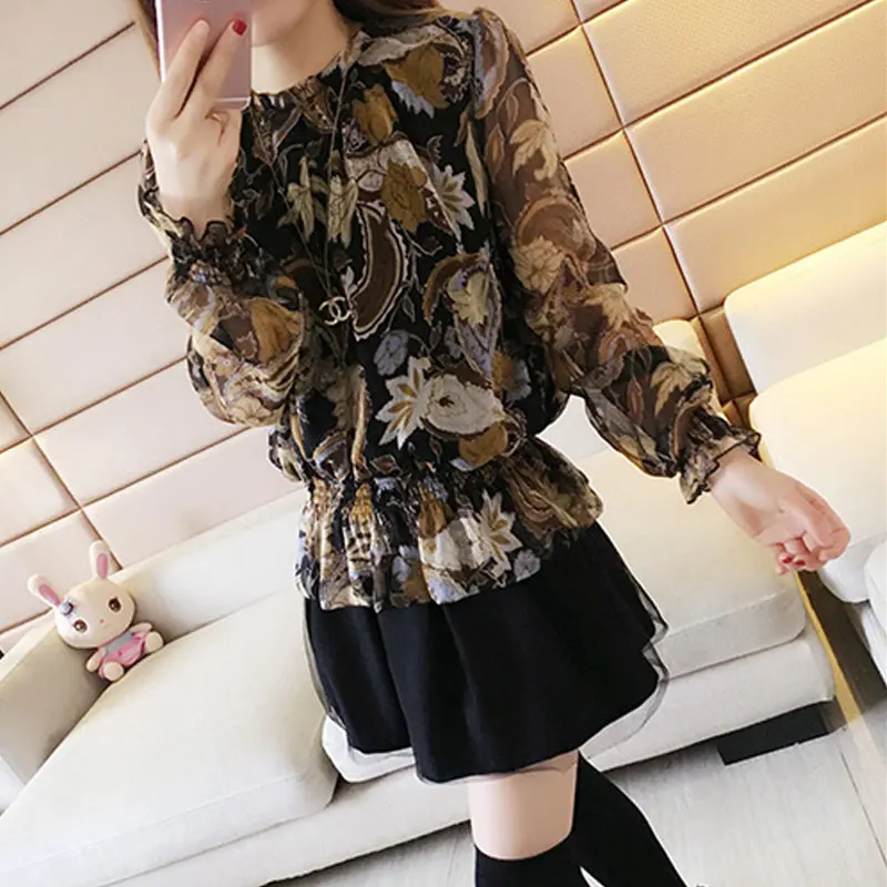 Commute Round Neck Blouse Spring Autumn Fashion Shirring Vintage Printed Korean Female Clothing Loose Casual Long Sleeve Shirt