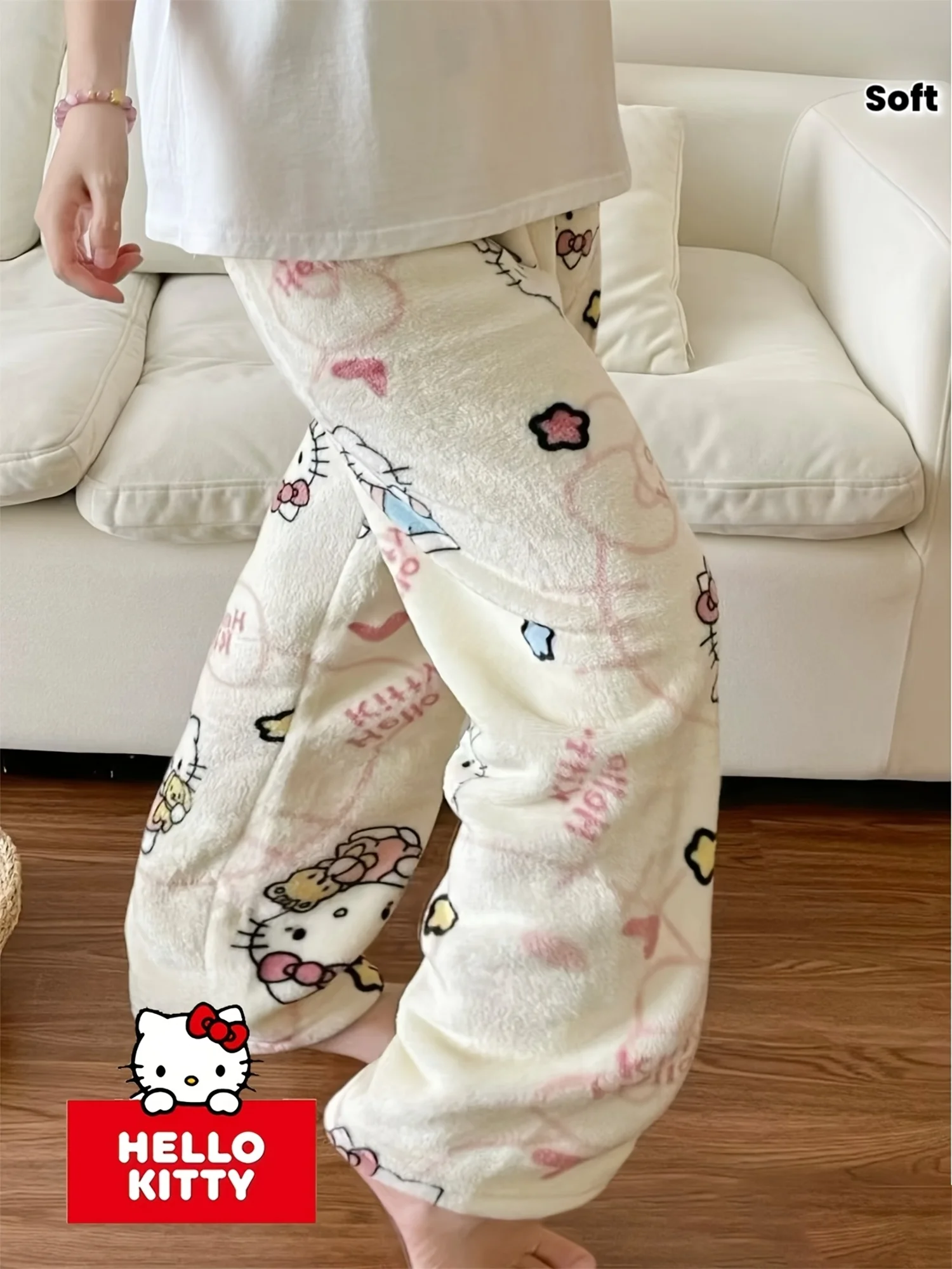 26-27 New Product Sanrio Hello Kitty Women's Flannel Pants Y2K Sweet and Cool Girl Style, Loose Straight Leg Wide Leg Version