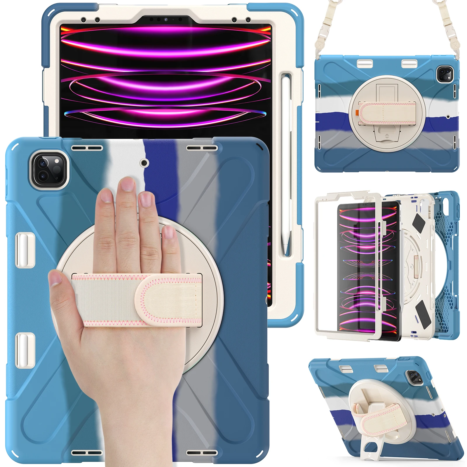 

Для iPad Pro 12.12.9 (2022) / (2021) / (2020) / (2018) X-Shape PC + комбинированный чехол-подставка из ТПУ с ремешком на руку и плечевым ремнем