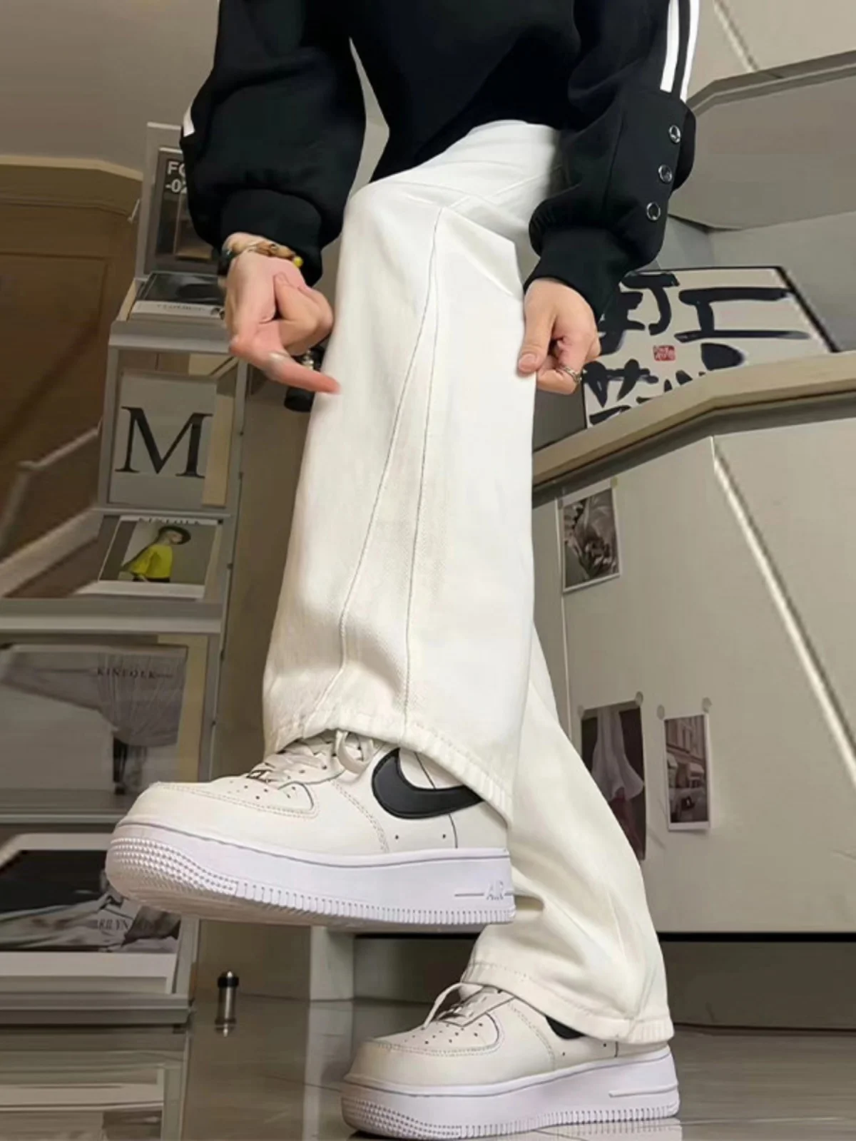 

Cleanfit White Loose High Waist Men's Jeans Bell Bot Straight Leg Trendy Brand Knife Cotton Polyester Blend