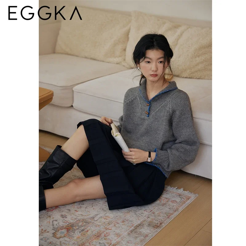 EGGKA Winter Thick Lapel Collar Sweaters Women Casual Loose Pullover Sweater Female Soft Knitted Tops Korean Fashion Streetwear