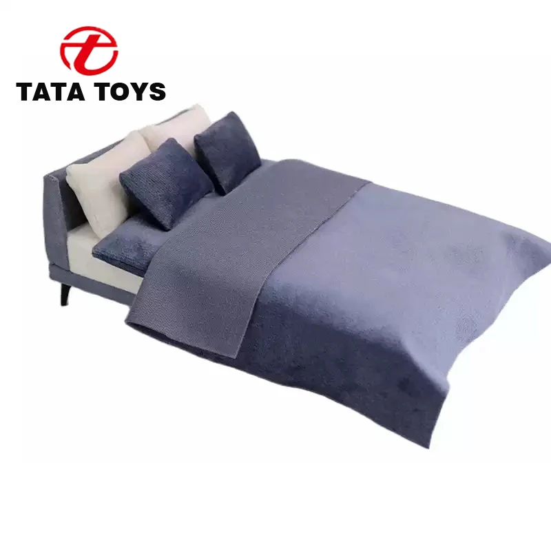 Miniatur-Doppelbett im Maßstab 1:12, Mini-Bettwäsche-Set mit vier Teilen für 6-Zoll-Actionfiguren, Szenenmöbel-Zubehör