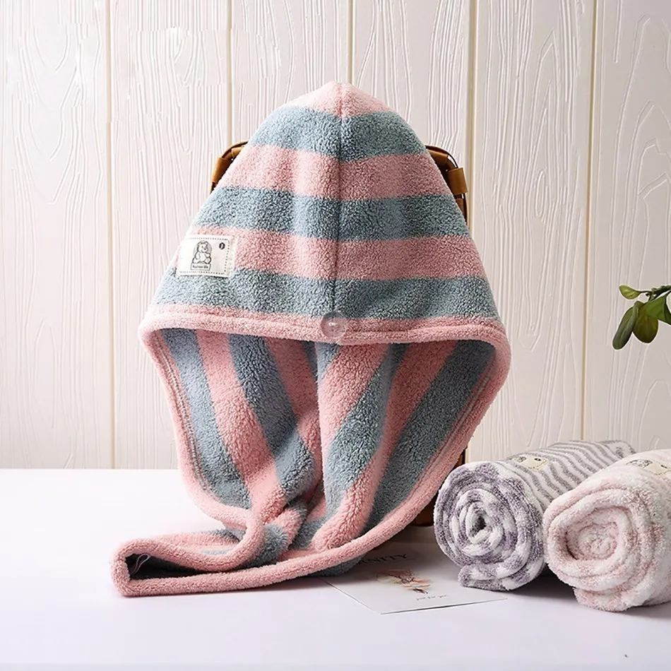 Microfiber Hair Towel Wrap for Women Stripe Towels Adult Bathroom Bath Absorbent Towel Hair Drying Towel Long Curly Dry Hair Cap