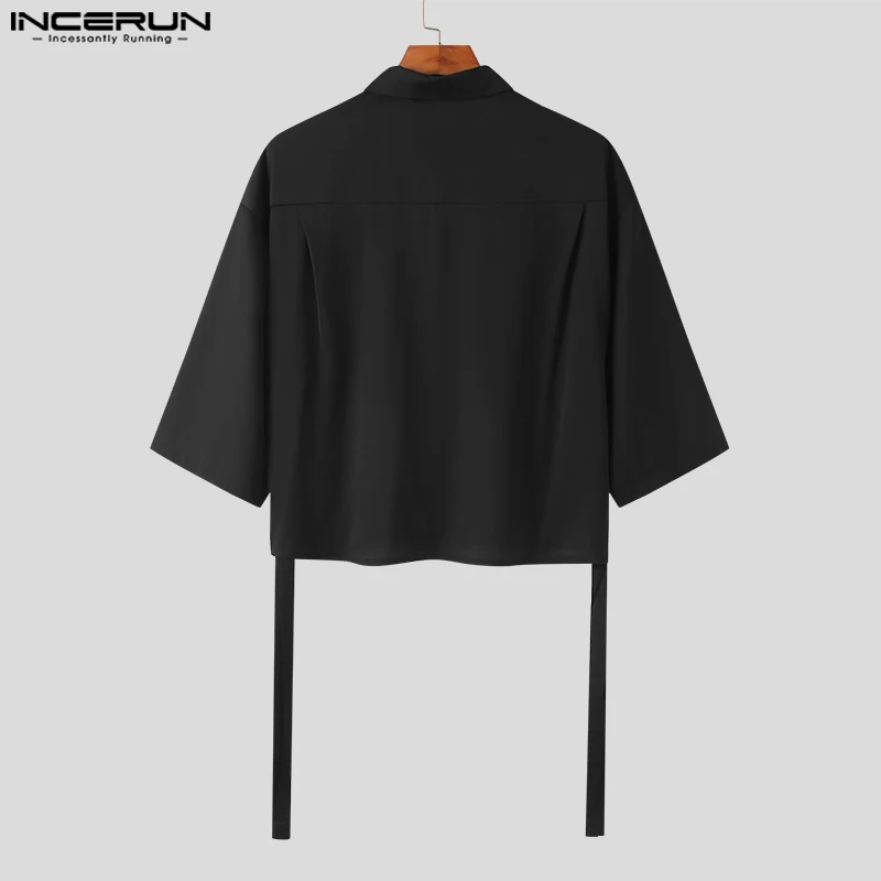 Fashion Casual Style Tops INCERUN 2024 Handsome Men\'s Solid Blouse Party All-match Male Ribbon Short-sleeved Lapel Shirts S-5XL