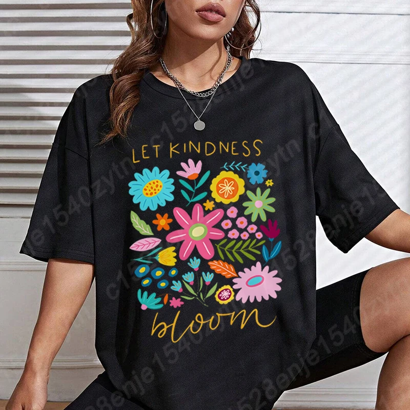 

Flower Let Kindness Bloom Print T-Shirts Women Short Sleeves Round Neck Tees Casual Summer Tops Women Oversized T-shirt