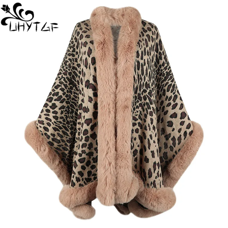 

Winter Thick Warm Poncho Fur Collar Cape Coat Women Vintage Leopard Sweater Cardigan Female Batwing Sleeve Shawl Outerwear 2373