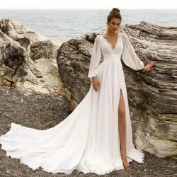 Boho Bride Chiffon Wedding Dress Classic V-Neck Lantern Long Sleeves Pleat A-Line Floor Length Side Slit Backless Bridal Gowns