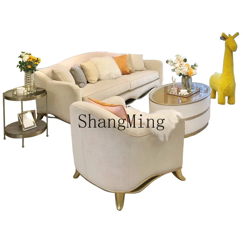 

DHY light luxury solid wood fabric three-person sofa champagne gold solid wood carving flower living room