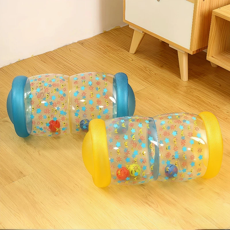 Inflatable cartoon roller toy with cute design, thick PVC material, baby crawling belt, and bell attached, perfect for playtime