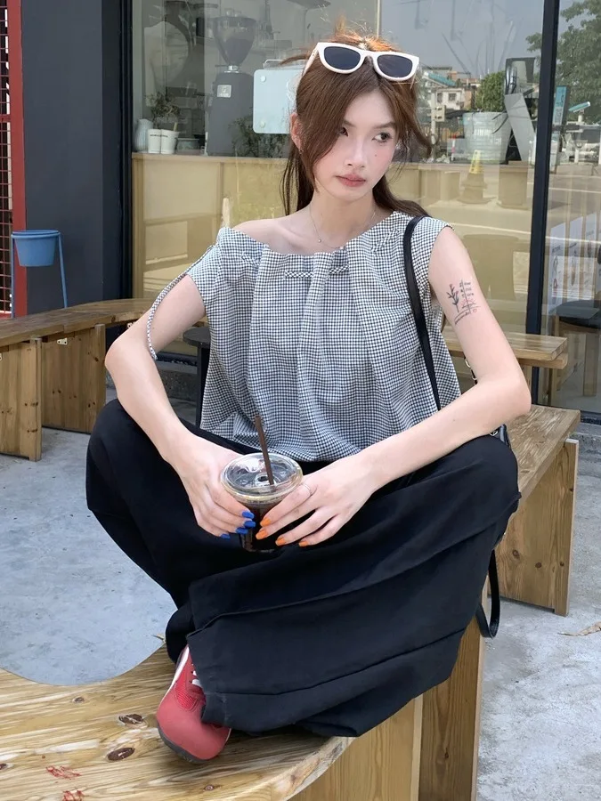 Gilet da donna scozzese retrò irregolare Dstring Svel Estate Nuovo design Trendy Top Vestibilità comoda Casual irt