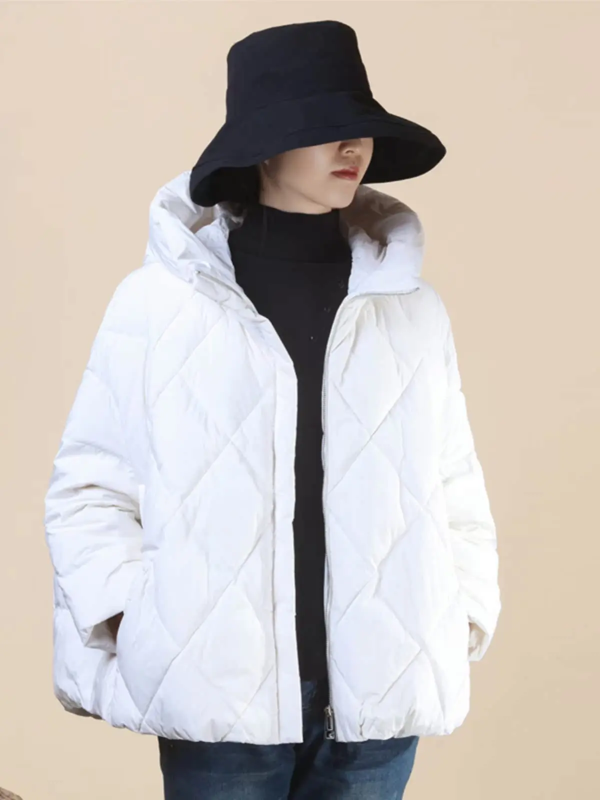 Automne hiver nouveau rétro artistique blanc Du vers le bas chaud léger à capuche a-ligne ort femmes Jaet Faionable manteau d'hiver