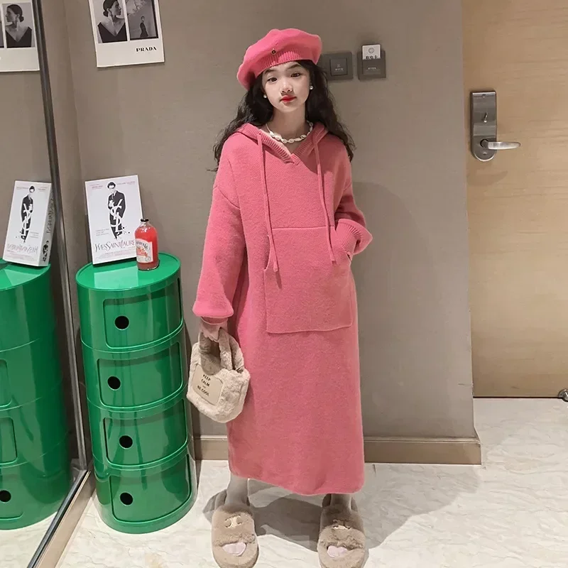 Korean Autumn Winter Children Girl Long Sweater One-piece Dress Teenager Girl Hooded Kangaroo Pocket Oversize Knitwears