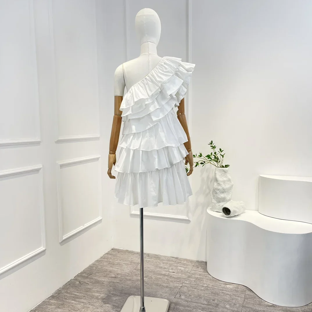 Imagem -02 - Mini Vestido sem Mangas de um Ombro Feminino Puro Algodão Branco em Cascata Alta Qualidade Verão Novidades 2023