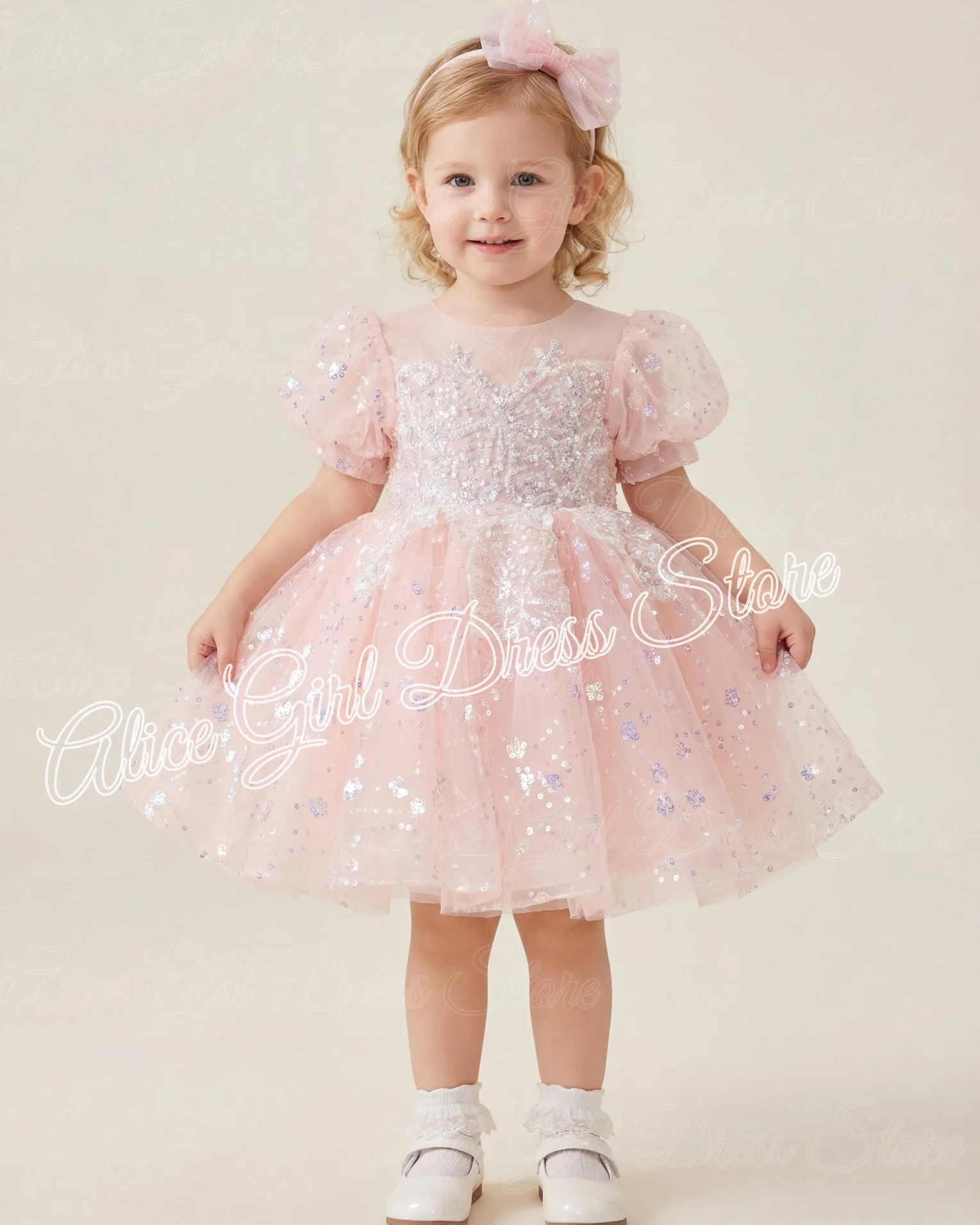 

Индивидуальное розовое платье для девочки на свадьбу с пайетками и кружевными аппликациями, бальное платье до колен для дня рождения, платье для первого причастия