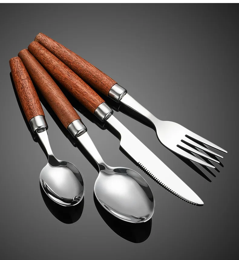 

Cutlery Set Stainless Steel Kitchen Dinnerware Western Wooden Handle Tableware Set with Knife Fork Tea Spoon for Restaurant