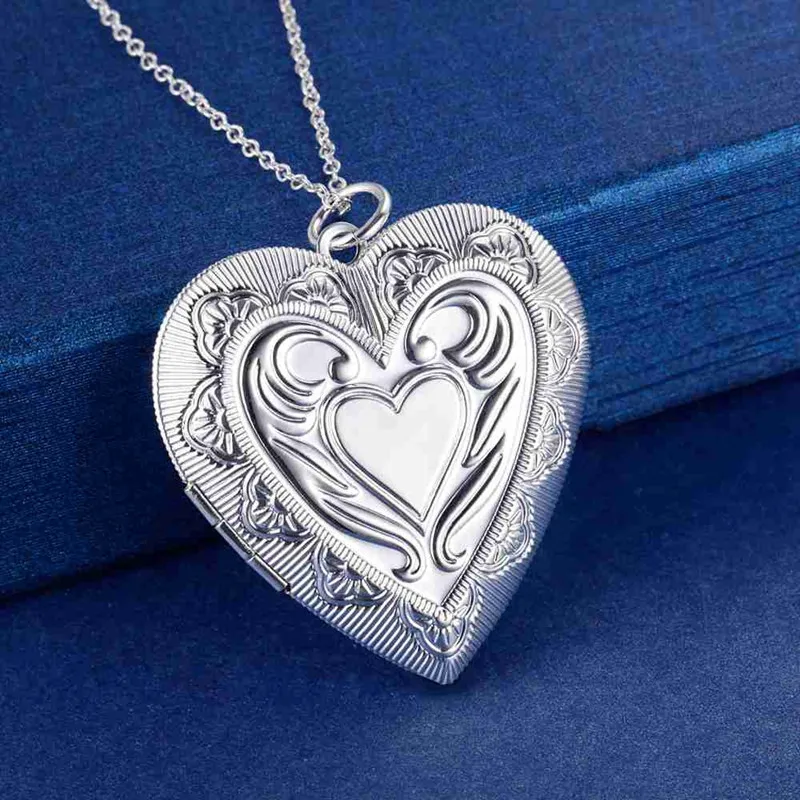 

925 Sterling Silver Necklace Heart photo frame Pendant Necklaces For Women 18 inches wedding anniversary Gifts Fashion Jewelry