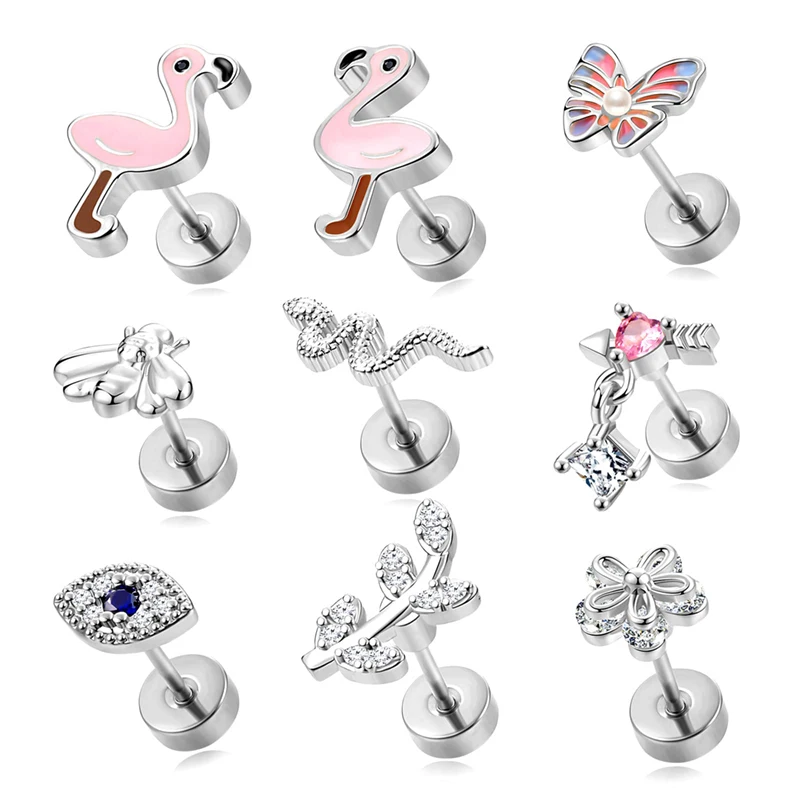 1 pair of 7 PCS 316L stainless steel screw flat back women's stud earrings, suitable for everyday wear, as a birthday gift