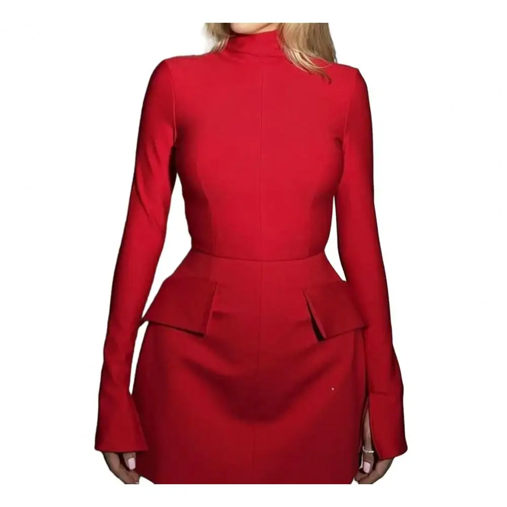 

Elegant Women Dress Half High Collar Long Sleeve Flap Pockets Slim Short Mini Dress Evening Party