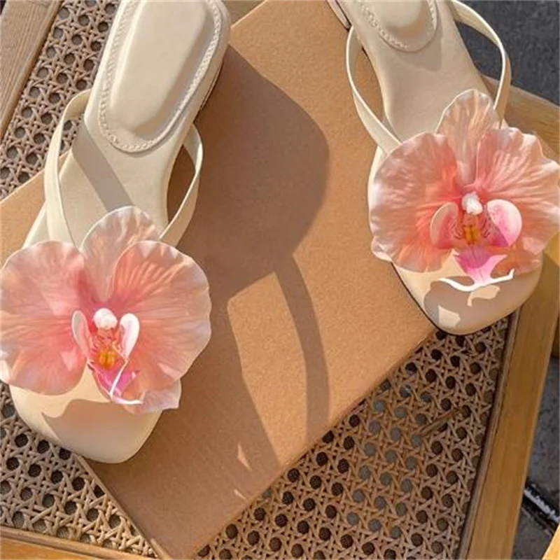 

Flower Decoration Shoes for Womens Square Toes Solid Flat Heels Sewing Lines Zapatos Mujer PU Ladies Front Strap Chassure Femme