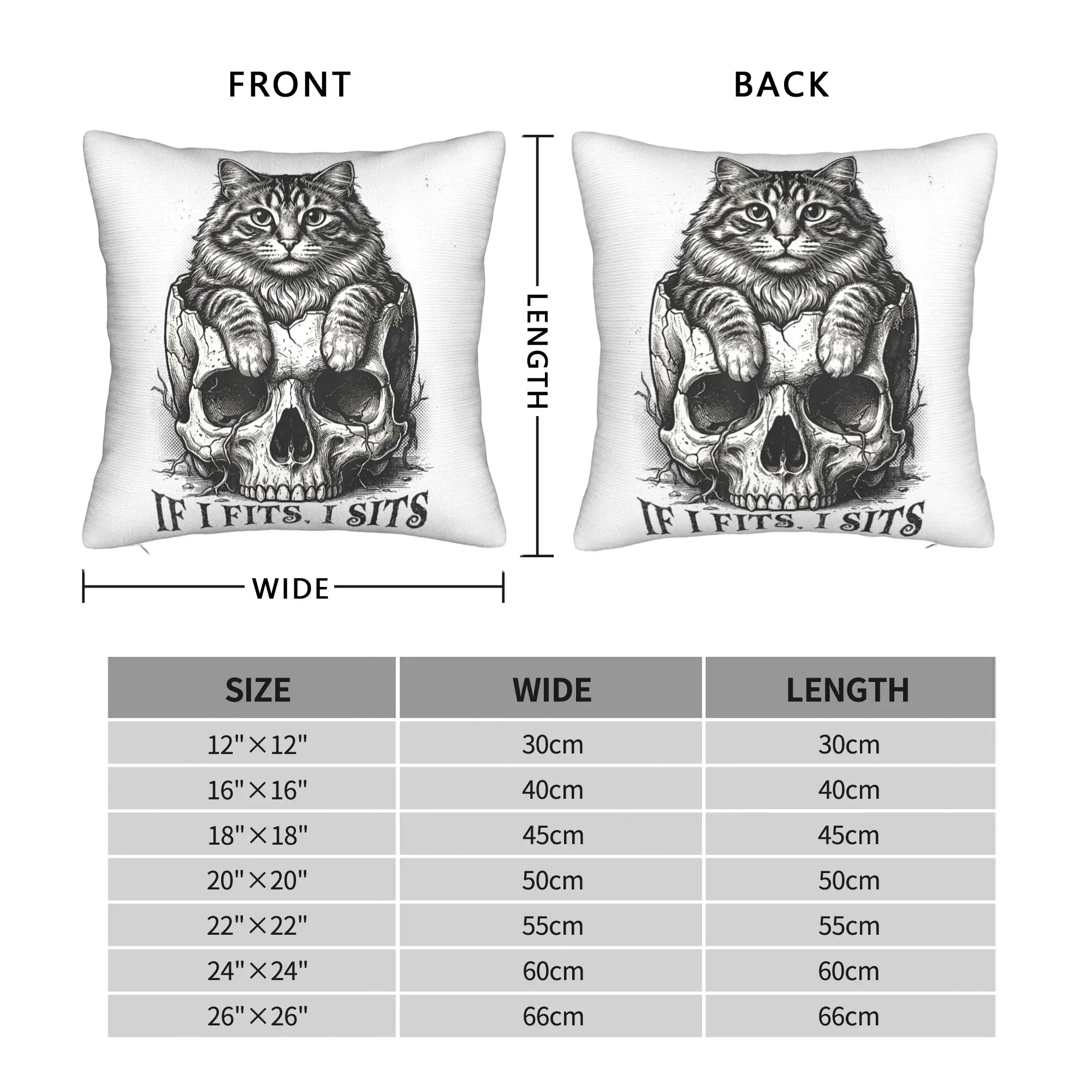 If I Fits I Sits Black Cat Skull Gothic Dark Humor Pillow Case  Comfy Pillow Cover For Couch Sofa Bedroom Fashion Cushion Cover