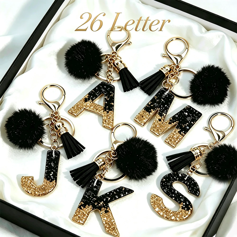 Resin Art Alphabet - Niedlicher Schwarzer Pompon A-Z Initialen-Schlüsselanhänger Modischer