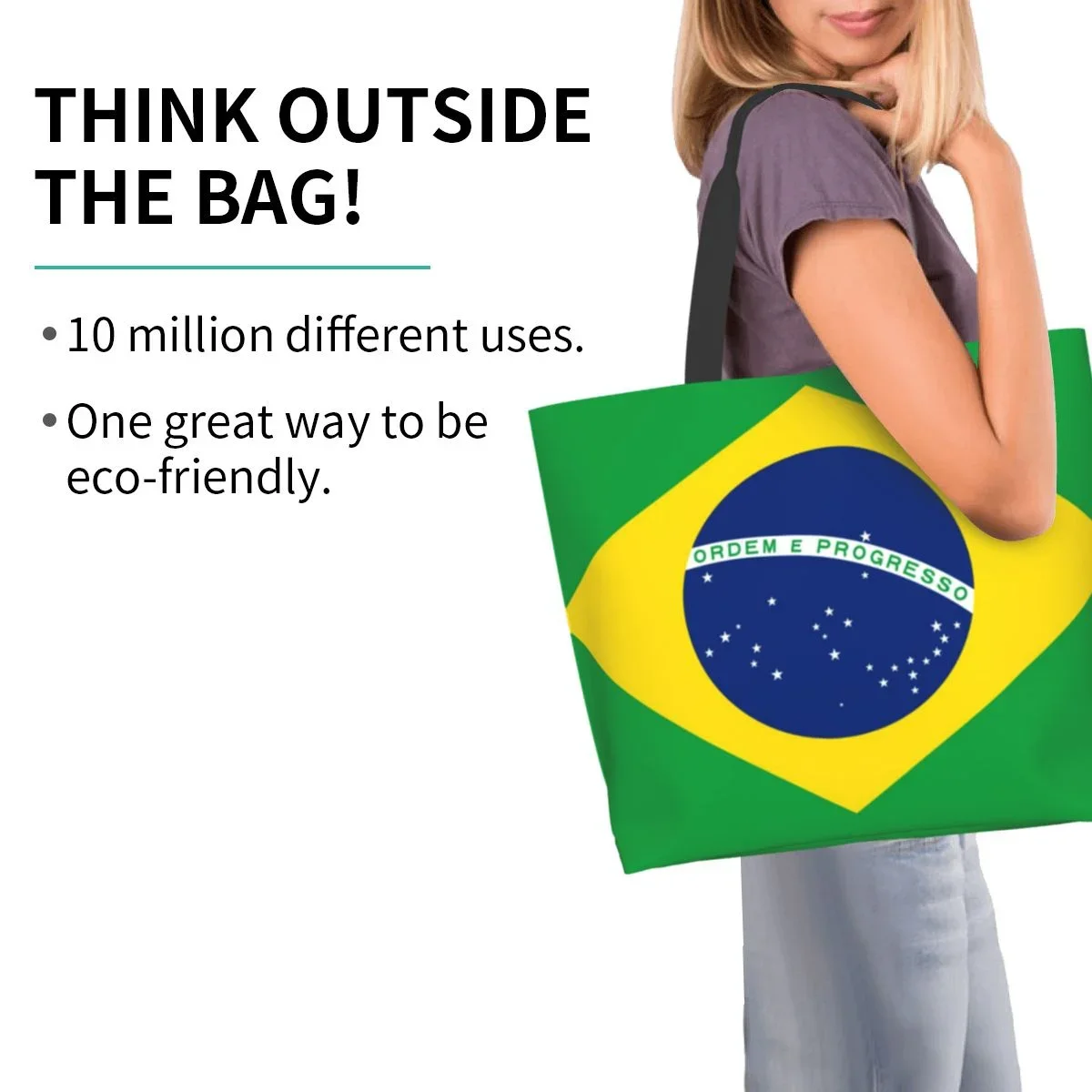 Bolsa de ombro feminina bandeira do Brasil sacola de compras de grande capacidade para mulheres