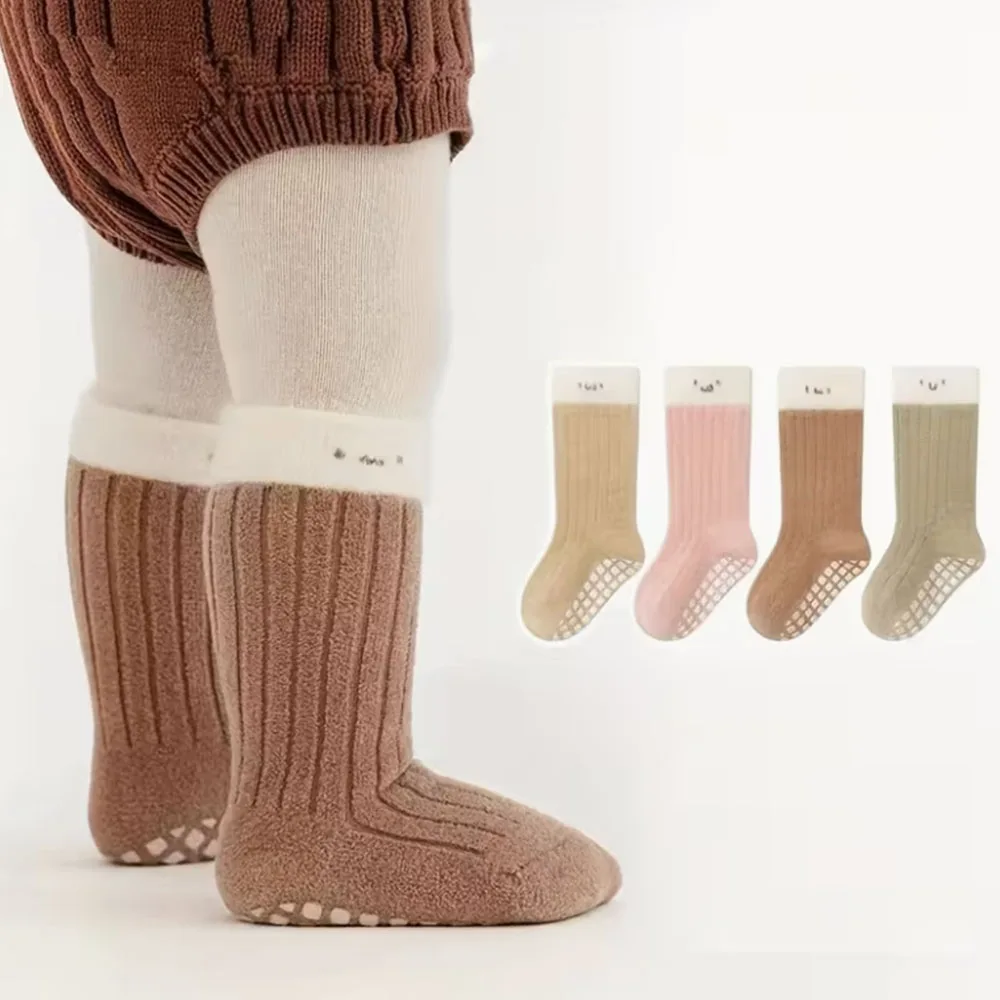 1-5Y Kids Floor Socks, Autumn/Winter Fleece-Lined Thick Warm Unisex Baby Mid-Calf Socks, Toddler Non-Slip Walking Socks