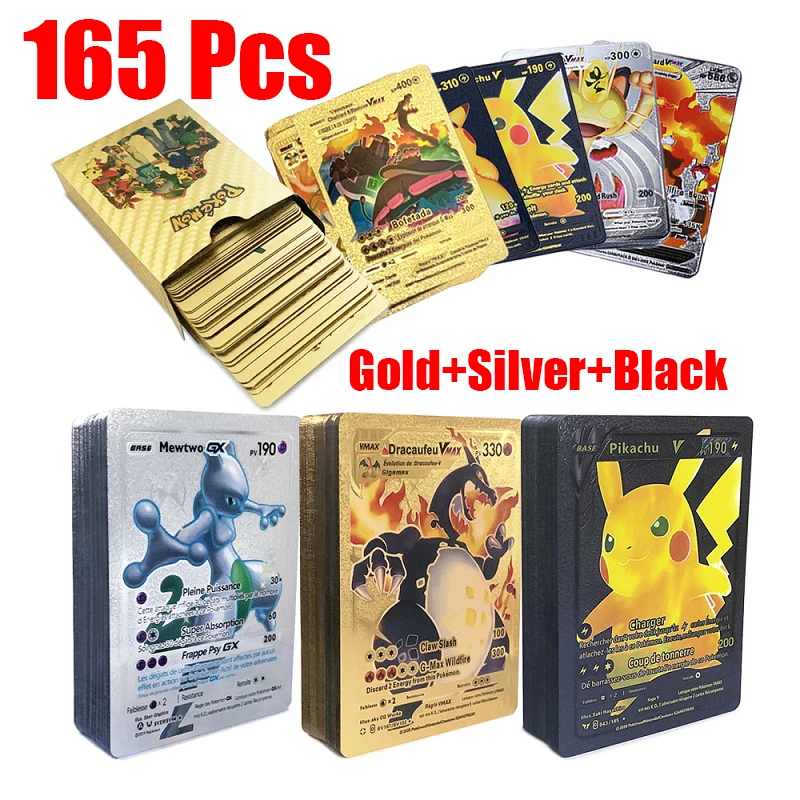 Pokémon Gold Foil Card, VSTAR, VMAX, EX, GX Cards, Inglês, Francês, Alemão, Espanhol, Charizard, Pikachu, Arceus Color, 165pcs