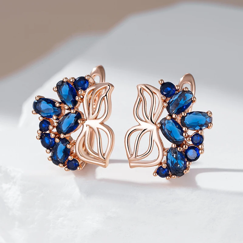 Kinel Hot 585 Rose Gold Color Fine Drop Earrings for Women Crystal Flower Blue Natural Zircon Accessories Daily Vintage Jewelry