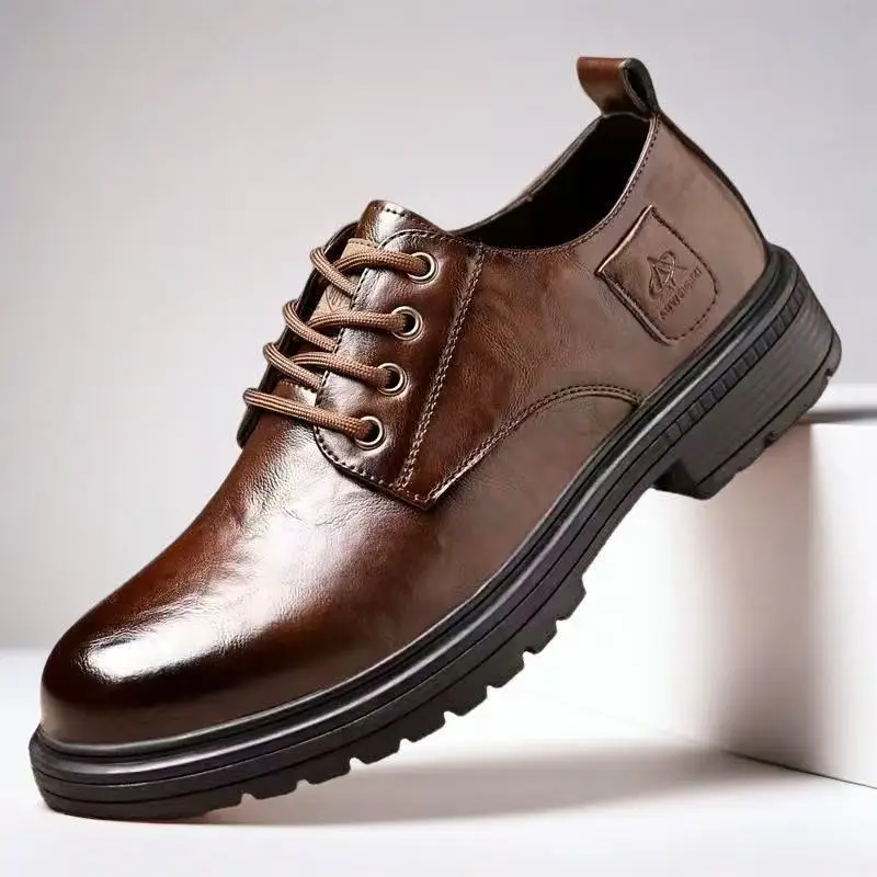 

Mens Genuine Leather Low Cut Casual Shoes British Retro Style Soft Sole Big Head Work Boots for Spring Autumn Business