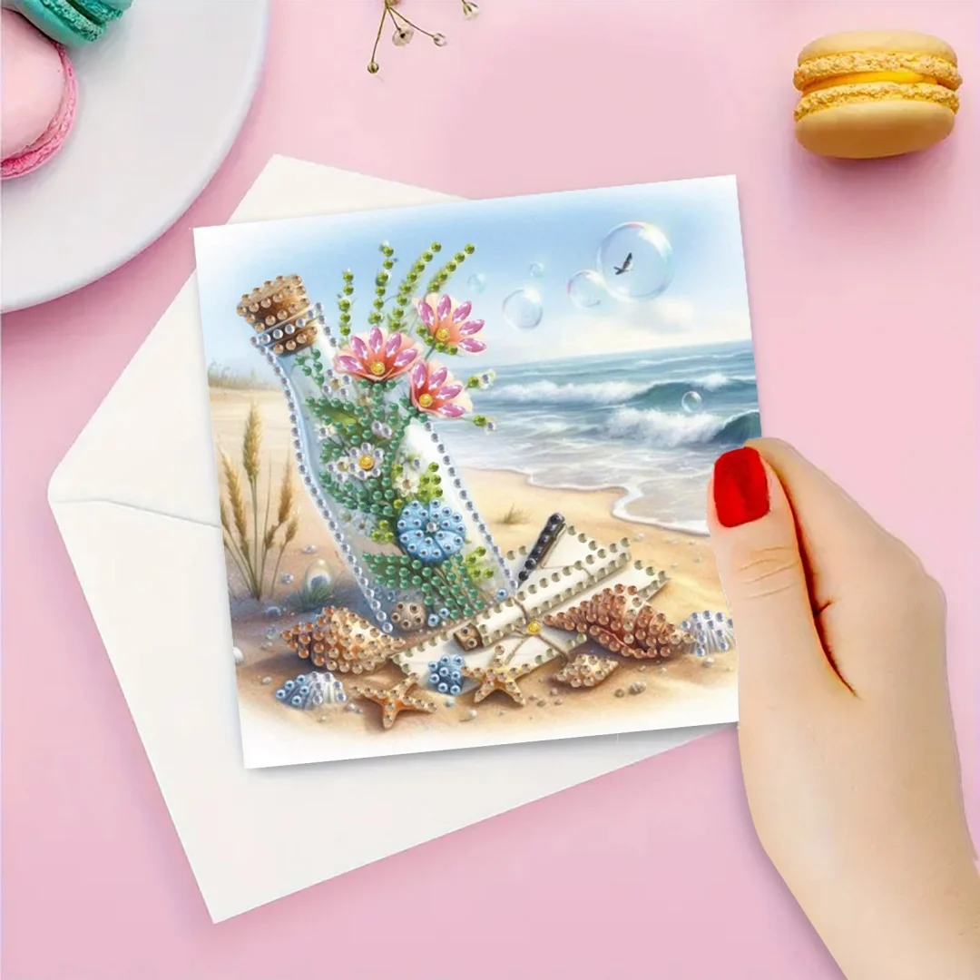 6-Piece DIY Diamond Painting Kit Sea Theme Greeting Card, Blessings and Wishes, Irregular Shape Diamonds, Paper Material