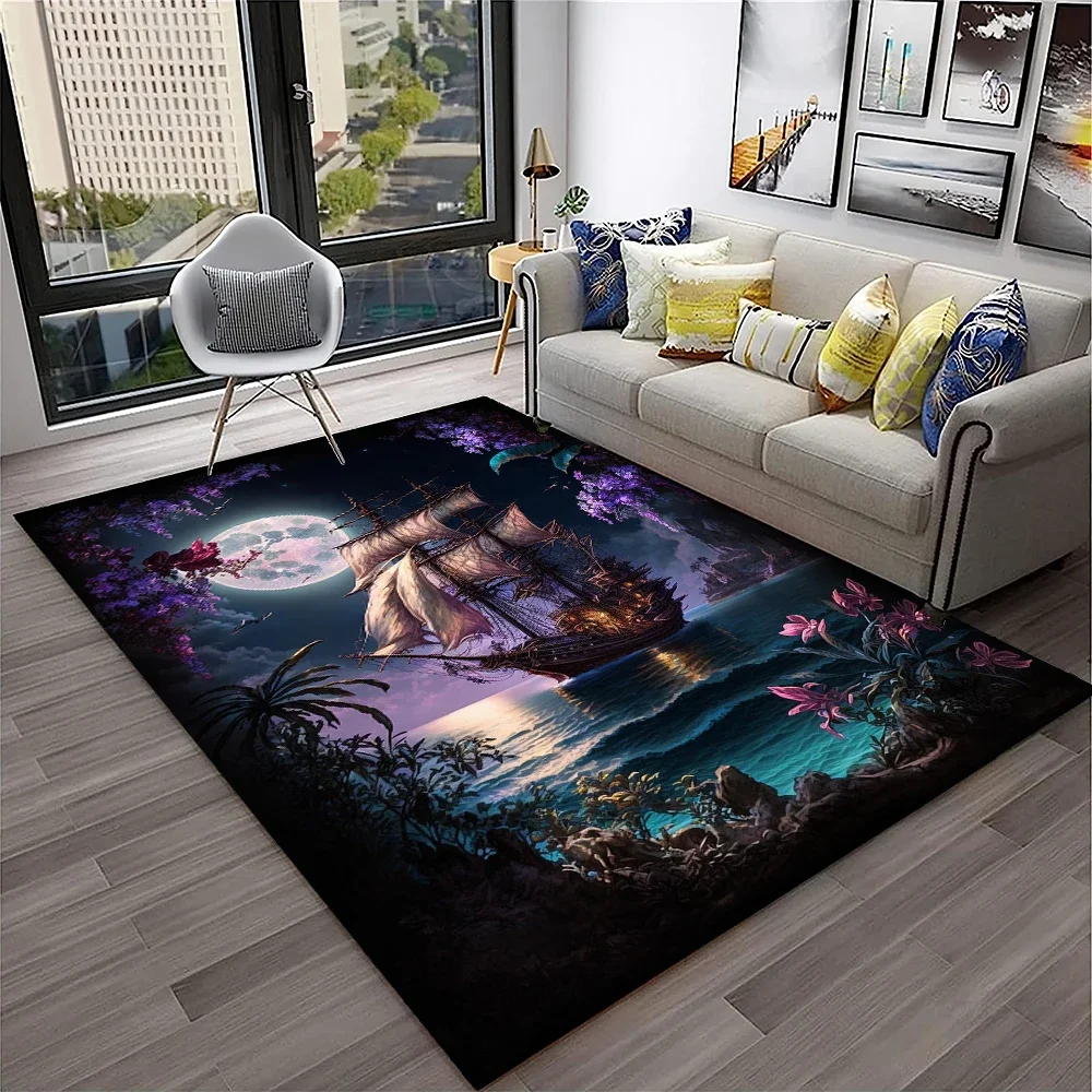 3D Pirate Ship Boat,Barque,Sailboat Carpet Rug for Home Living Room Bedroom Sofa Doormat Decor,kids Area Rug Non-slip Floor Mat