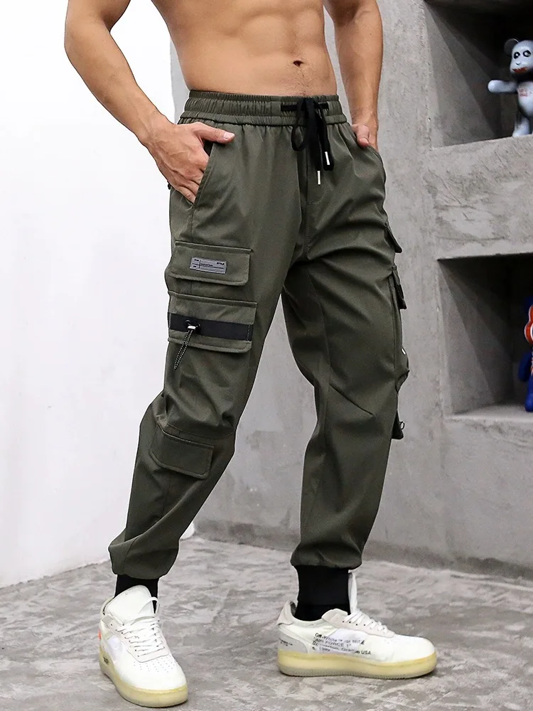 Stretch big size leg-binding trousers loose casual multi-pocket overalls men\'s drawstring ice wire men\'s trousers