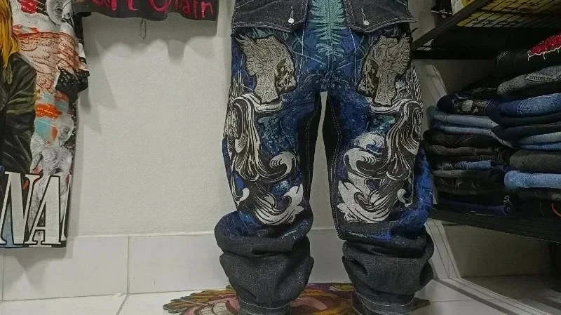 جينز رجالي مطبوع كبير الحجم ، بنطلون فضفاض عتيق ، خصر مرتفع ، بنطلون كاجوال واسع الساق ، موضة صخرة الشارع ، جديد ، Y2K #4