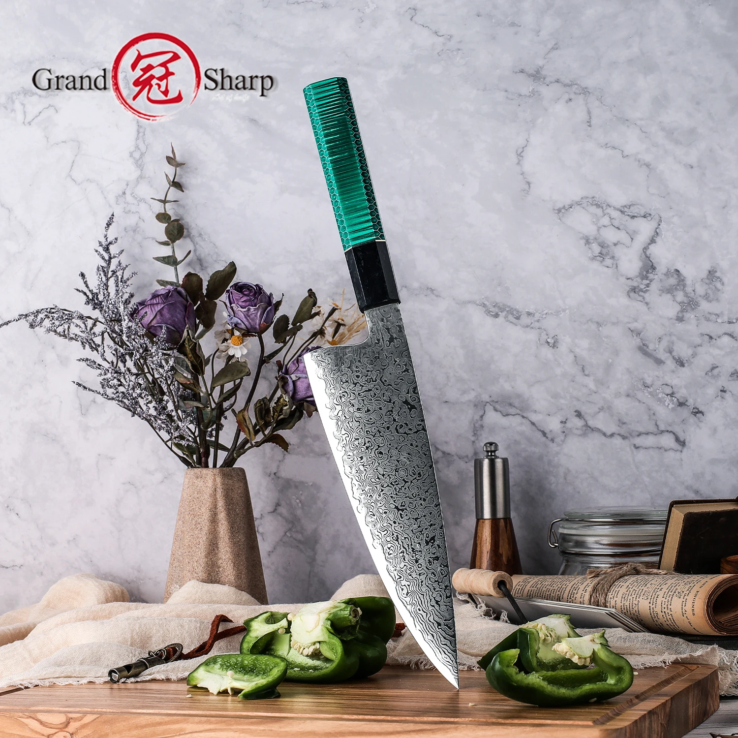 Grandsharp Damascus Kitchen Knives 8 Inch Gyuto Knife 67 Layers Japanese Damascus Steel Butcher Cooking Slicing Tools NEW