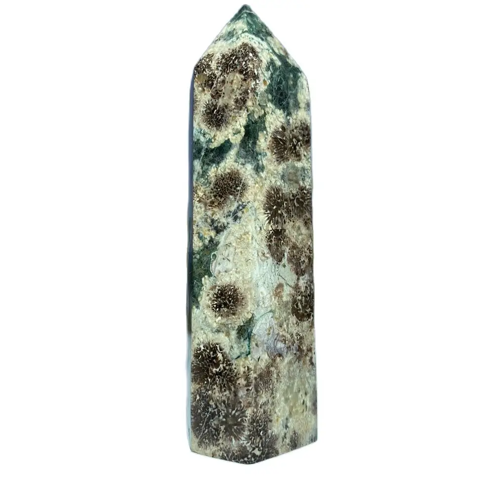 Natural Minerals Green Flower Agate Tower Hexagonal Prisms Wand Pagoda Obelisks Witchcraft Home Decoration Ornaments Ore Gifts