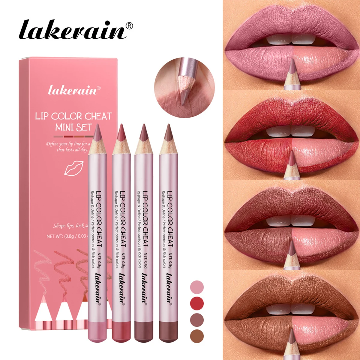 Conjunto de mini lápis labial de madeira de 4 pacotes, lápis labial de madeira portátil de longa duração, à prova d'água e fácil de colorir