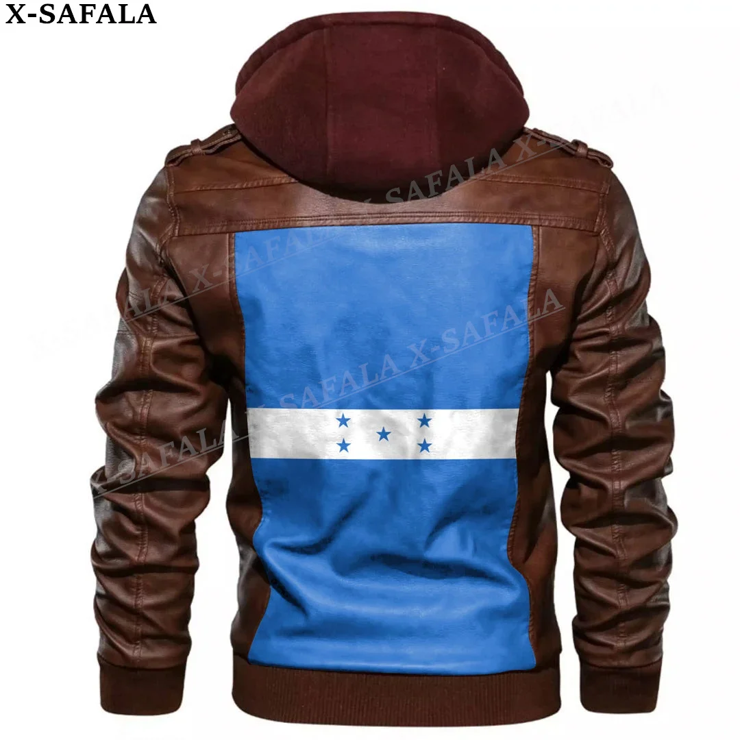 Honduras Country Flag Leather Jacket Men Winter Fleece Motorcycle Faux Leather Jacket Removable Fur Collar Windbreaker Coat-1