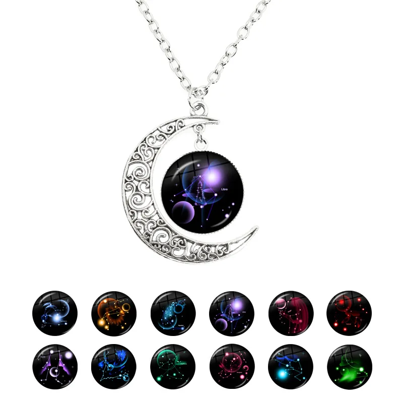 Aries/Taurus/Géminis/cancer/LEO/Virgo/Libra/Escorpio signos del zodiaco luna creciente collar 12 Constelaciones joyería para cumpleaños