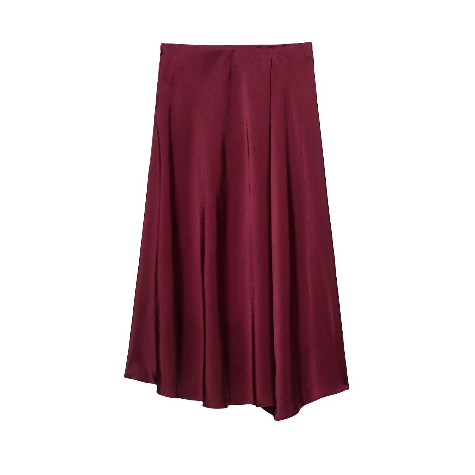DUOPERI Women Burgundy Satin-Finish Wrap Midi Skirt High Waist Asymmetric Hem Female Chic Lady Elegant Skirt