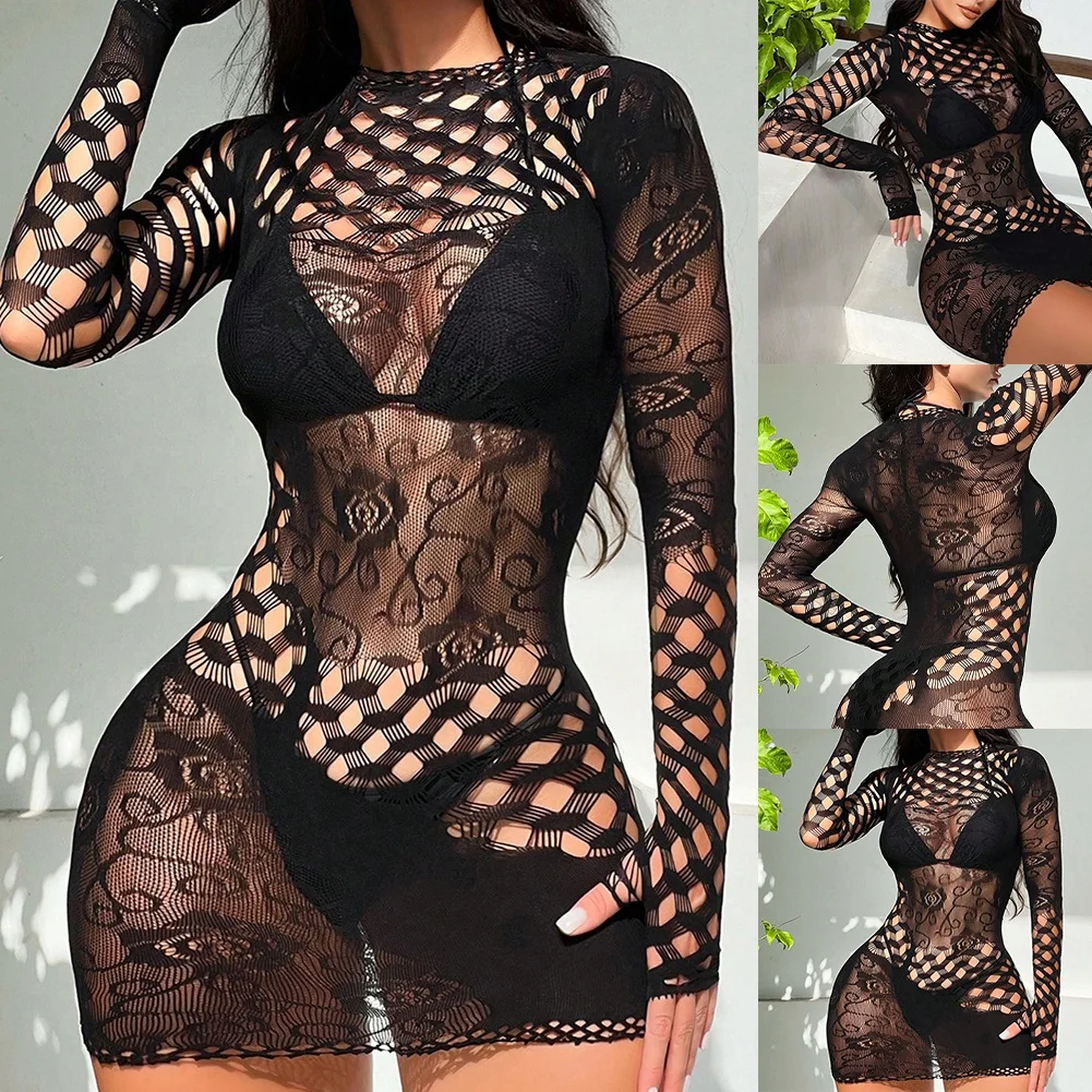 Women's Sexy Bodycon Dress Bodysuit Fishnet Tight Lingerie Sleepwear Ladies Erotic Mesh Perspective Underwear