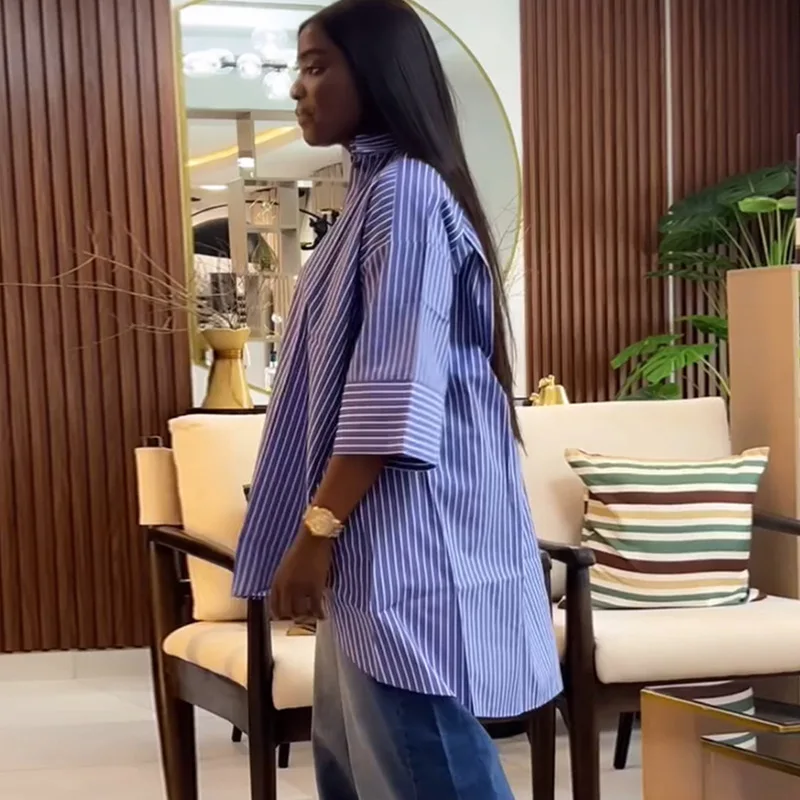 قمصان النساء بلوزات مخططة زر رفض طوق طويلة الأكمام واحدة الصدر طفيف تمتد فضفاضة تناسب عادية صيف 2025