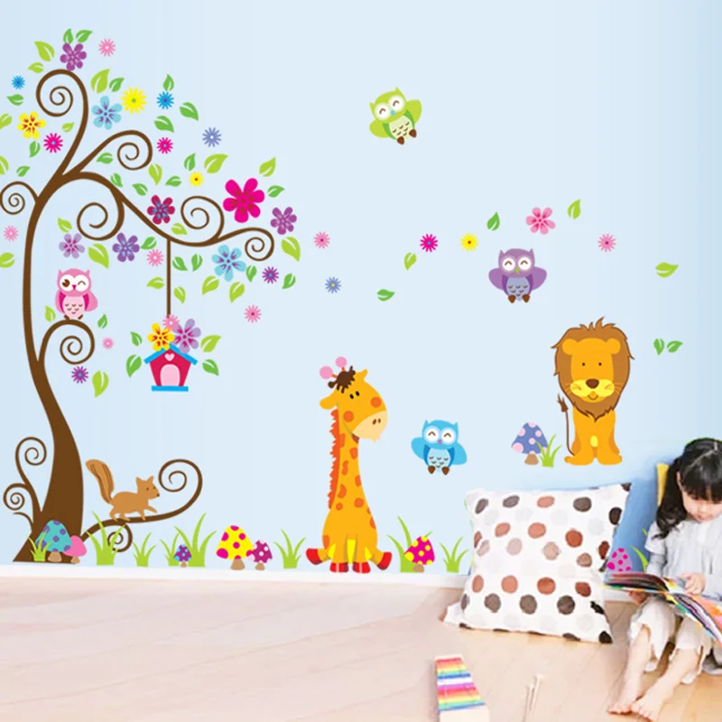 colorful tree lion giraffe owl animal wall stickers original  creative wall art bedroom home decorations wall decals poster