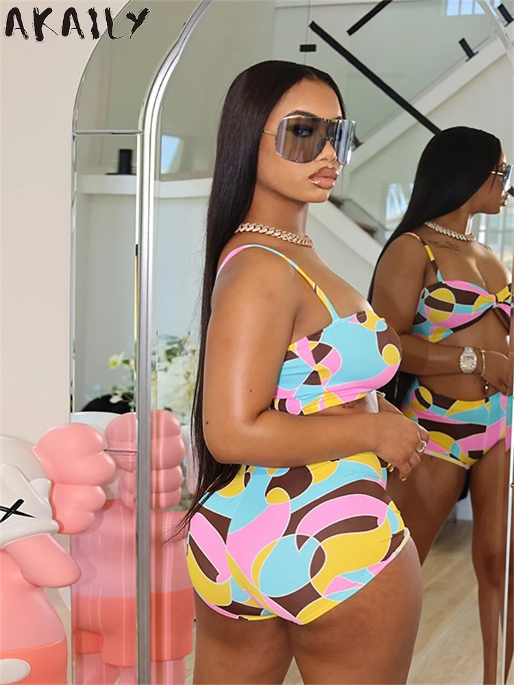 Akaily-2-Piece Conjunto De Biquíni Para Mulheres, Roupas De Férias, Fato De Banho Sem Costas, Roupa De Praia Sexy, Impressão De Cores Misturadas, Moda, Verão, 2024