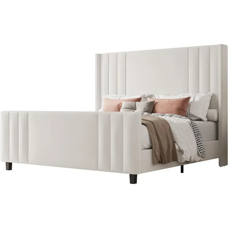 ZHENXIANG Queen Size Platform Bed Frame, Upholstered Bed with Vertical Channel Tufted Wingback Headboard & Footboard, Premium