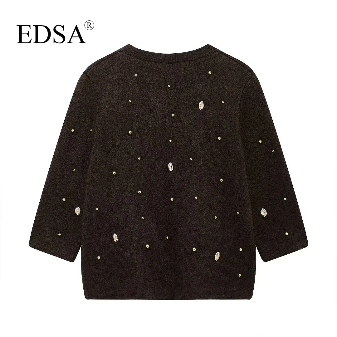 EDSA Women Beaded Rhinestone Knit Cardigan Round Neck Sweater Jacket Single Breasted with Pockets Half Sleeves for Female Autumn