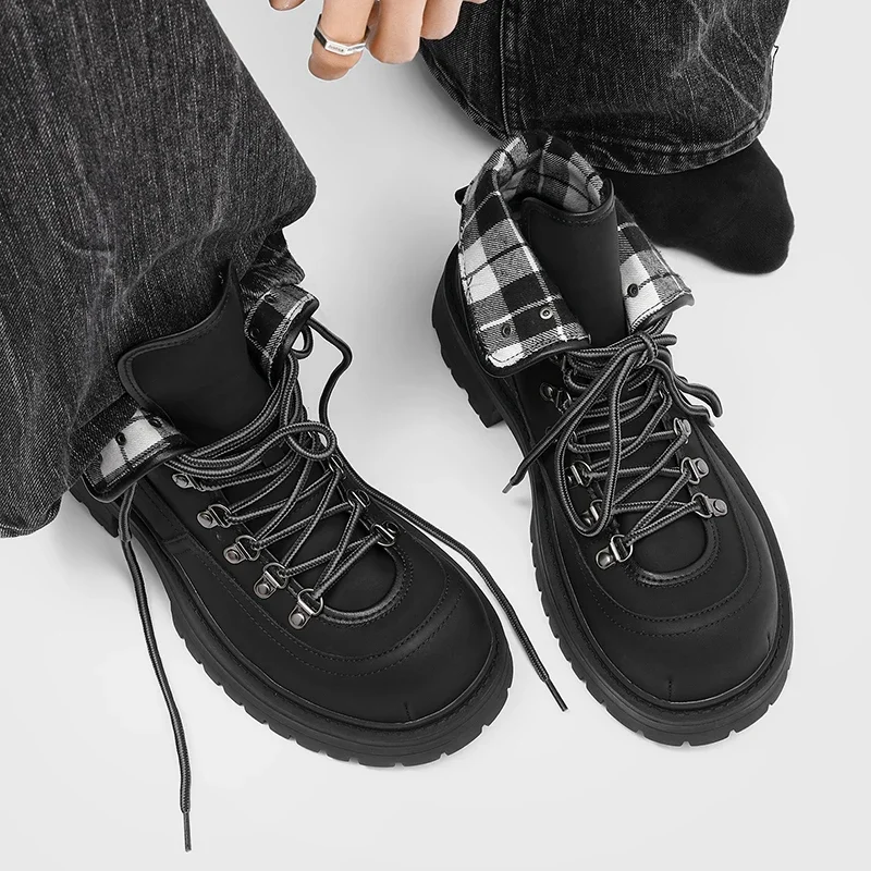 Men Tan Hiking Platform Ankle Boots Round Toe Lace Up Fleece Collar Chunky Lug Sole Winter Warm Outdoor Boots