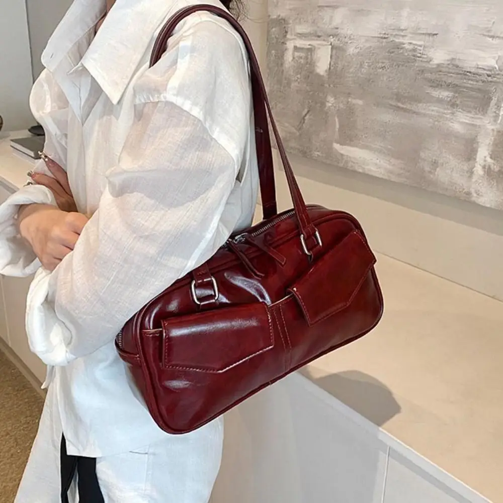 Korean Style PU Bowling Bag Solid Color Minority Design Retro Underarm Bag Vintage All-match Pocket Boston Tote Bag Girls