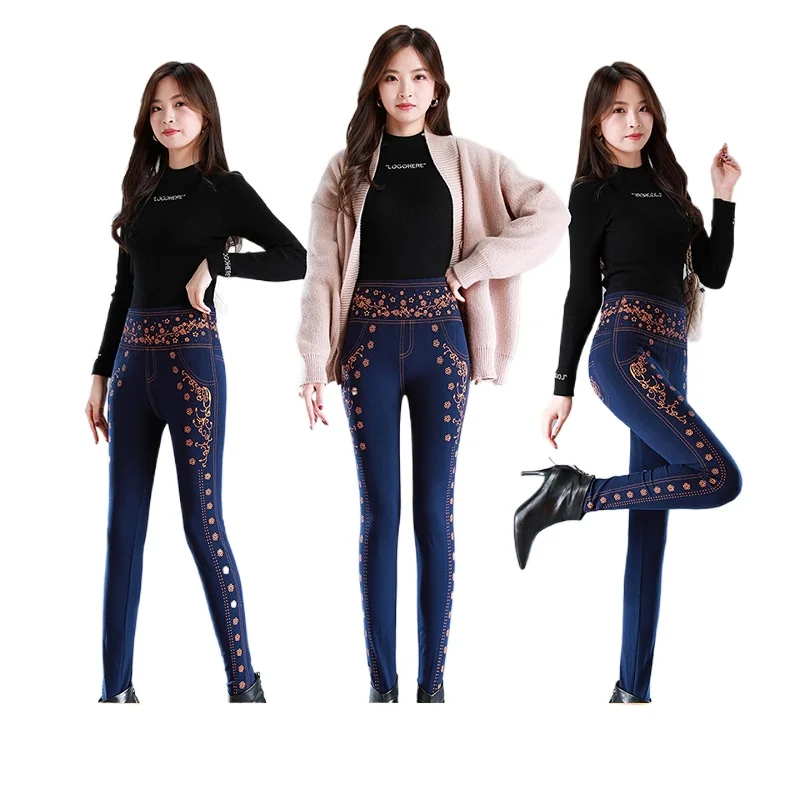 النساء طماق عالية الخصر مرونة جديدة مطبوعة سروال شكل قلم رصاص فو الدنيم طماق الإناث تصميم جديد رائجة البيع السراويل الملابس النسائية