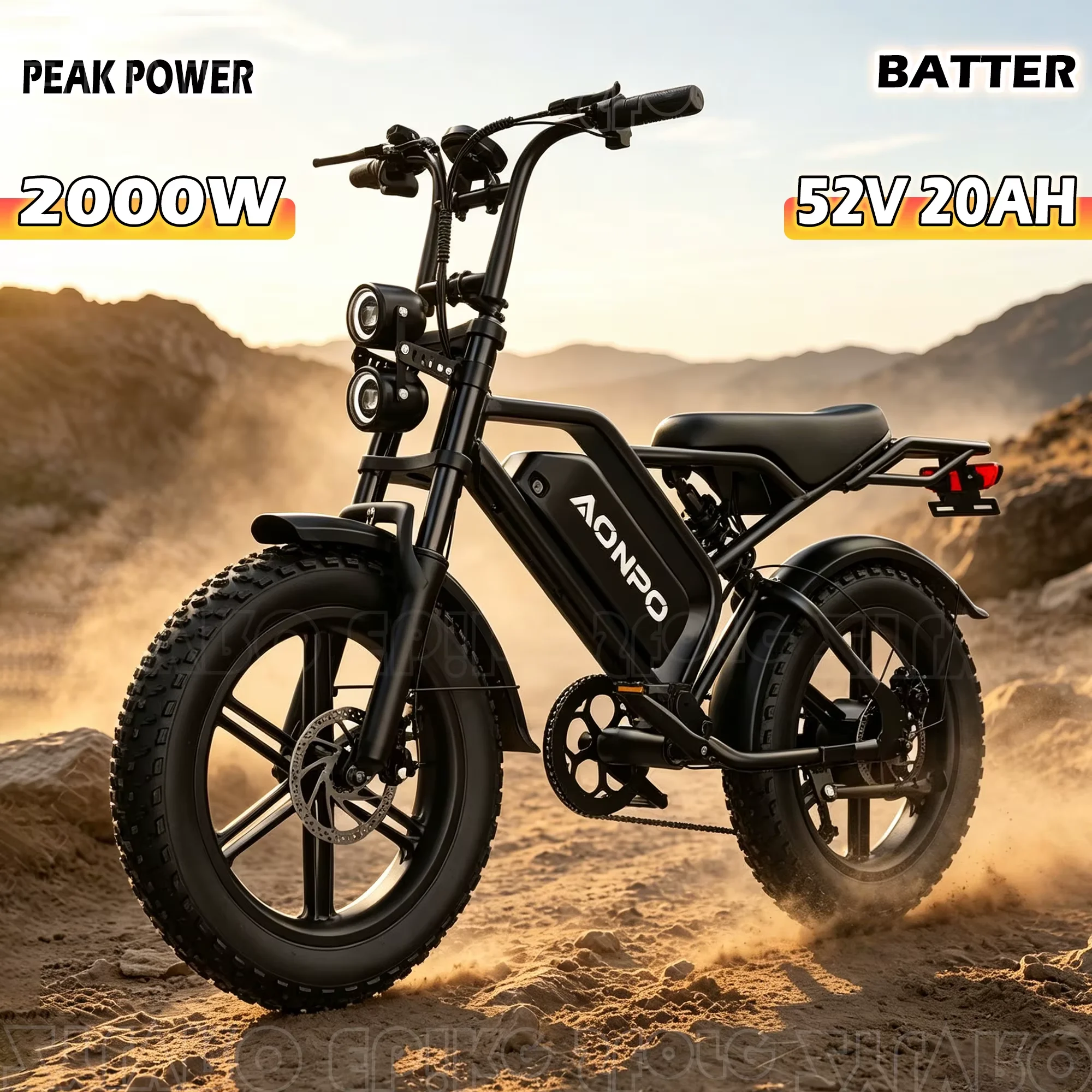 POWBEN V20 Peak 2000W 52V 20Ah Electric Bike with 20x4.0" Wide Tires, 7-Speed Shifters, Available for Immediate Delivery, Maximum Speed 50 km/h